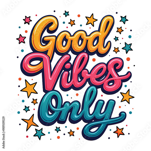 Groovy 'Good Vibes Only' T-Shirt Design with Colorful Swirls & Stars - Bright Pink, Yellow, and Blue Retro Graphic