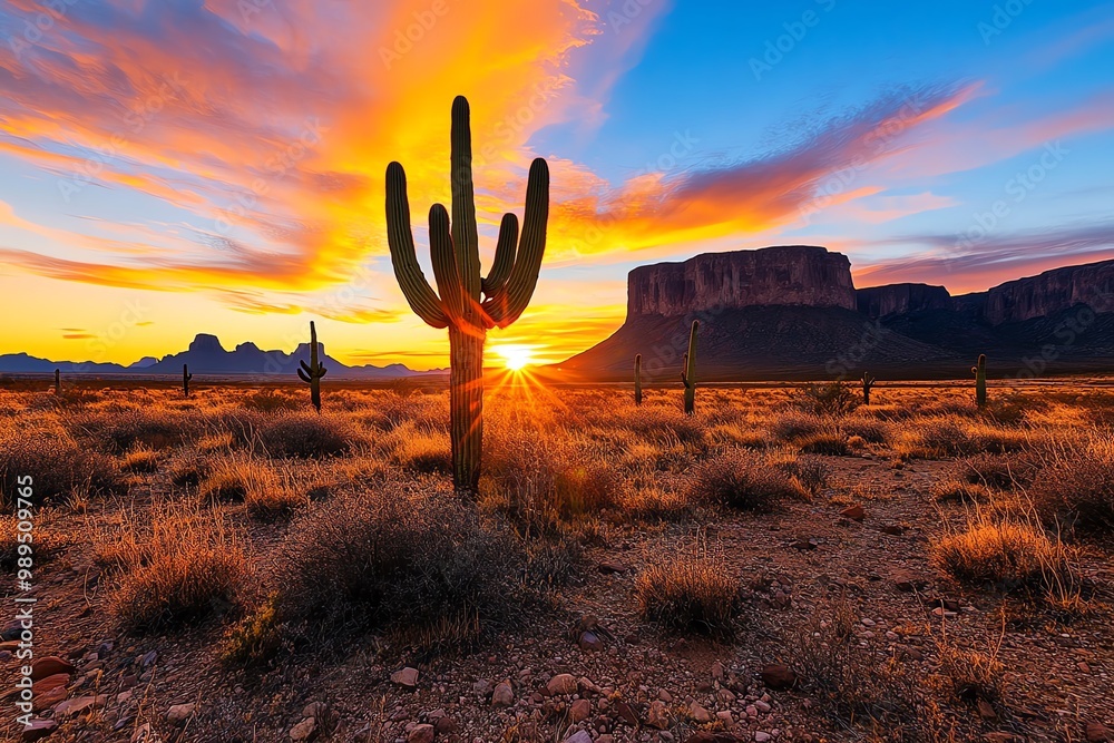 A rugged desert landscape, with cacti dotting the landscape and dramatic rock formations rising in the distance under a fiery sunset A rugged desert landscape, with cacti dotting the landscape and dramatic rock formations rising in the distance under a fiery sunset