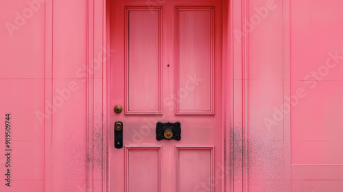 Close-up of a pink door with elegant design details.