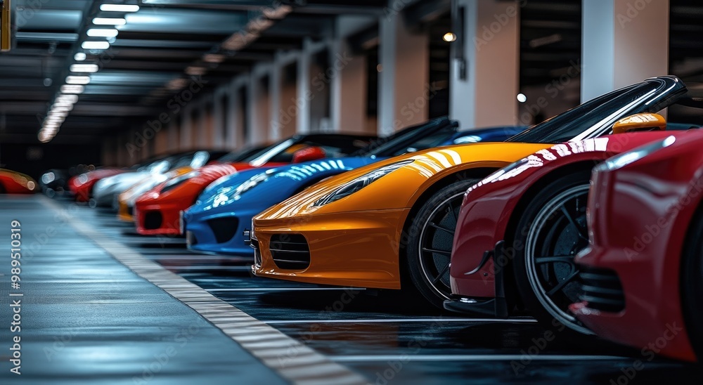 Fototapeta premium Vibrant Sports Cars Parked in Garage with Shiny Surface