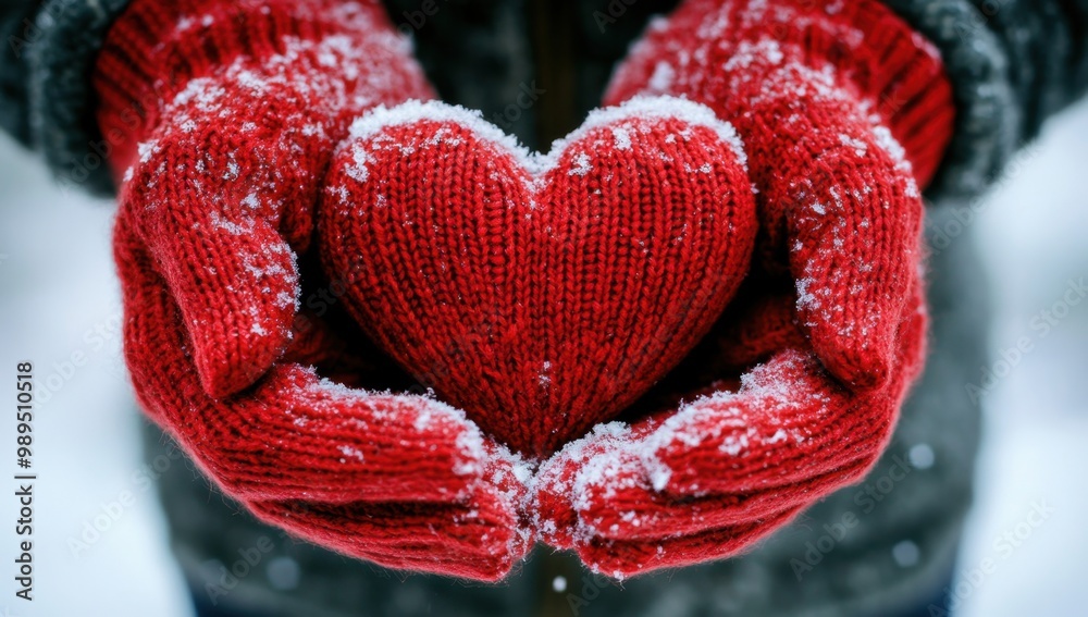 Close-up of a woman's hands in red knitted gloves holding a heart-shaped symbol on a snowy background suitable for a Valentine's Day celebration, romantic greeting card design Generative AI Close-up of a woman's hands in red knitted gloves holding a heart-shaped symbol on a snowy background suitable for a Valentine's Day celebration, romantic greeting card design Generative AI