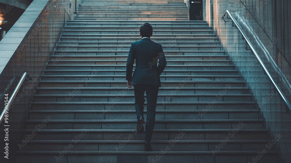 A man in a suit ascending stairs in a modern urban building during the evening A man in a suit ascending stairs in a modern urban building during the evening