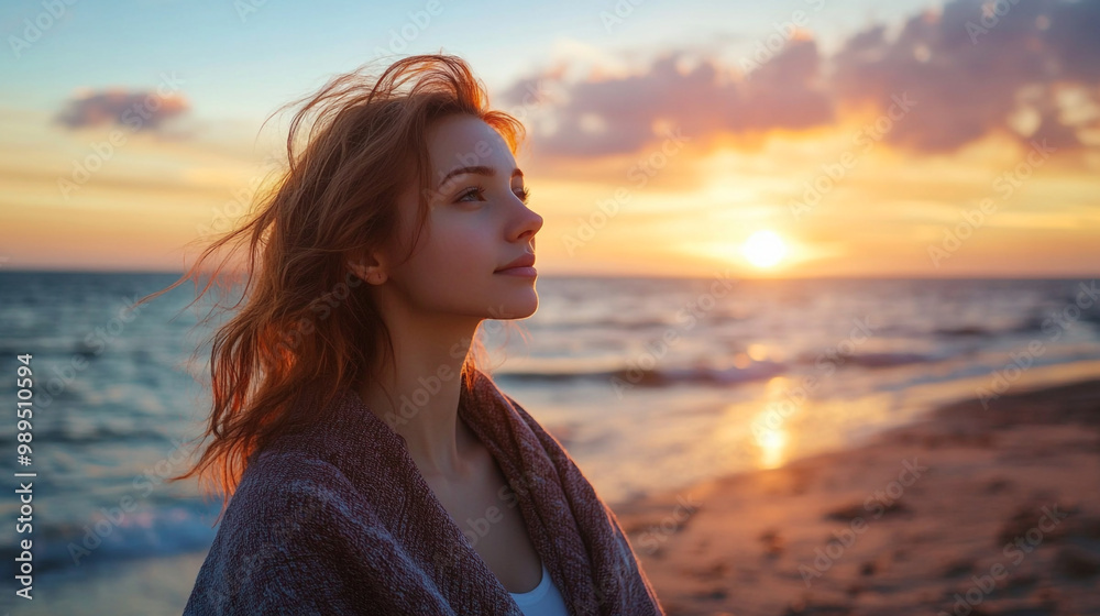Woman in a cozy wrap enjoys a tranquil sunset by the ocean, reflecting on the shore Woman in a cozy wrap enjoys a tranquil sunset by the ocean, reflecting on the shore