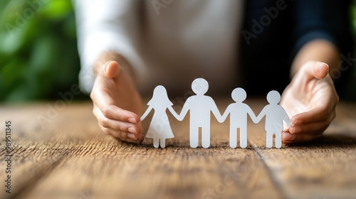 Family insurance, Family life insurance and policy concept, Hands with protective gesture to insure the family in the future.