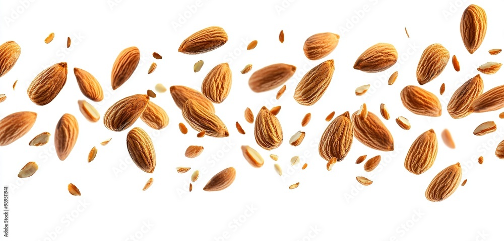 A high-resolution photograph of a macro shot of flying or falling almond nuts... A high-resolution photograph of a macro shot of flying or falling almond nuts...
