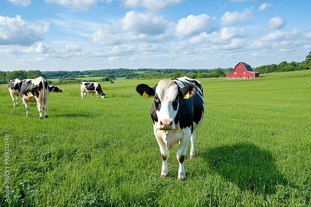 A rural farm scene with cows grazing in a pasture, and a red barn visible in the distance A rural farm scene with cows grazing in a pasture, and a red barn visible in the distance