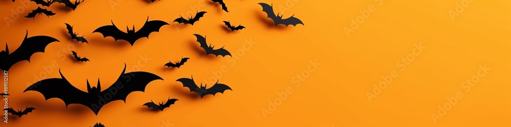 A minimalistic Halloween banner with simple black silhouettes of bats, arranged on the left side. A minimalistic Halloween banner with simple black silhouettes of bats, arranged on the left side.