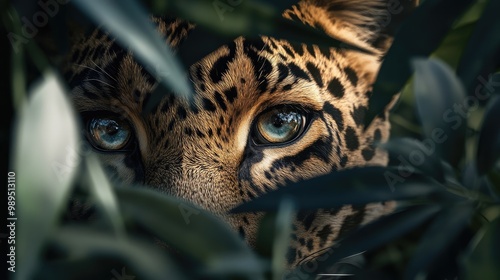 A leoparda??s eye, intensely focused, peeking through layers of overlapping leaves. photo