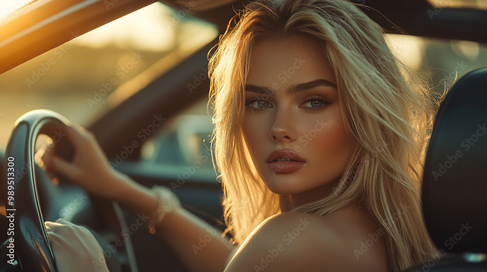 Young woman driving a convertible car during sunset in a warm, golden light Young woman driving a convertible car during sunset in a warm, golden light