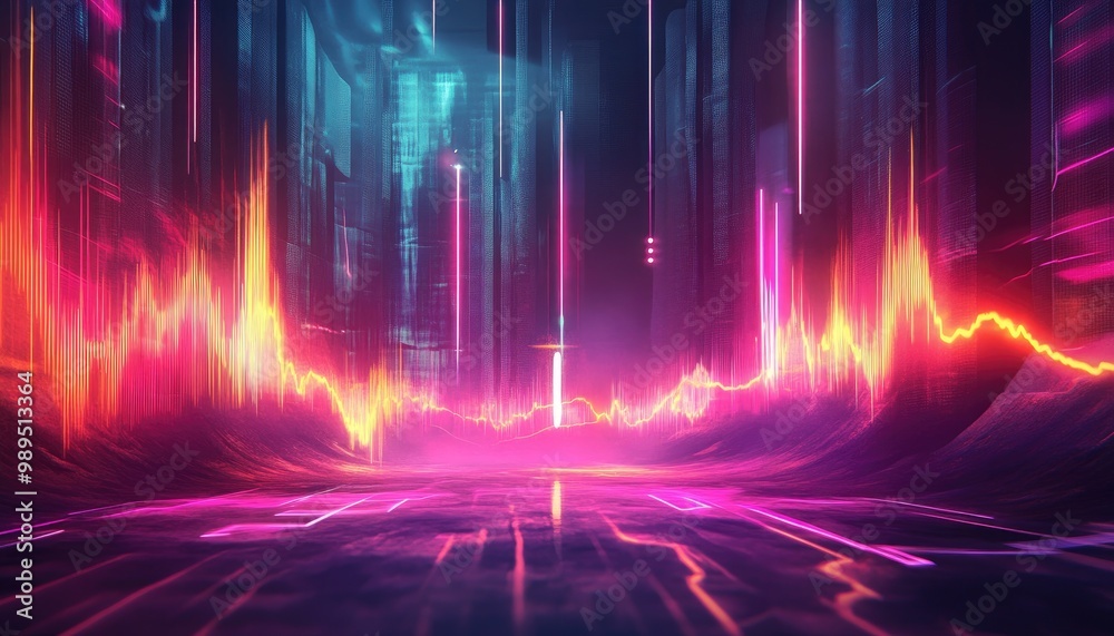 Fantasy illustration depicting sound waves with jagged neon lines and an electric oscilloscope showcasing an abstract visualization of audio through glowing circular energy lines Fantasy illustration depicting sound waves with jagged neon lines and an electric oscilloscope showcasing an abstract visualization of audio through glowing circular energy lines