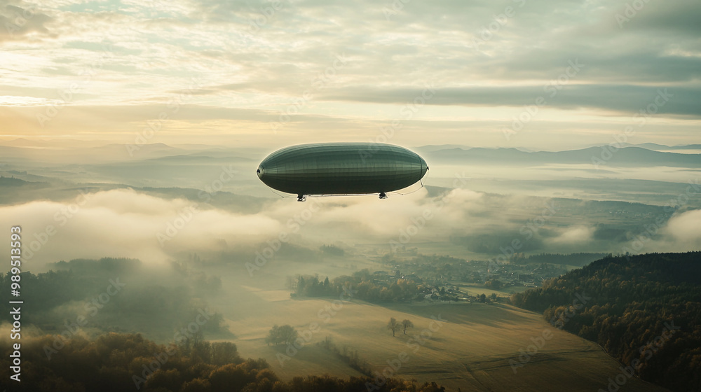 Aerial view of a large airship flying over misty valleys during sunrise in a serene landscape