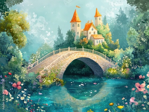 Enchanted lake landscape featuring a bridge in a whimsical fairy tale setting photo