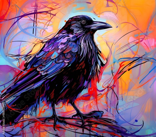 an abstract drawing of a away view for crow with colorful line with mixed pattern colorful background photo