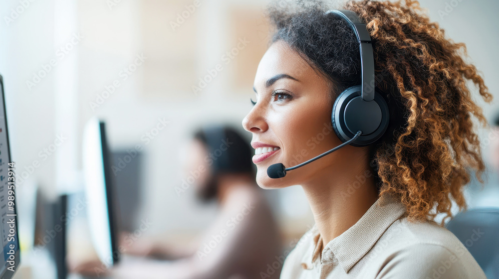 Young woman working remotely with headset at computer desk in modern ...