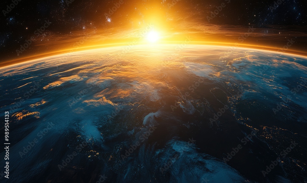 Sunrise over Earth as viewed from space rendered in 3D Sunrise over Earth as viewed from space rendered in 3D