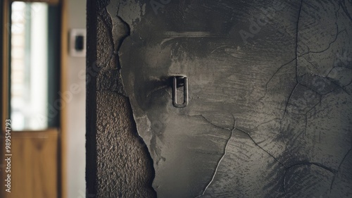 A photo of a dark grey textured concrete wall with visible cracks and imperfections. The wall has a rough, uneven surface. There is a metal handle on the wall. The background is blurred and contains a