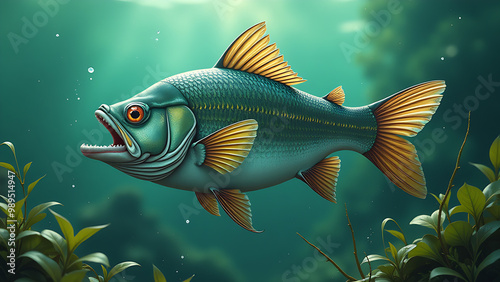 illustration of a fish with mouth agape in water surrounded by algae