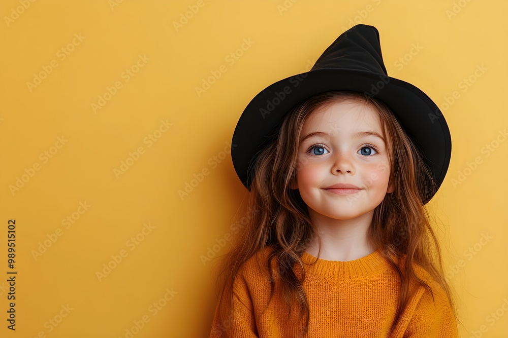 Little girl in witch costume isolated on yellow background. Halloween celebration concept. Party or children carnival. Happy holiday. Banner with copy space Little girl in witch costume isolated on yellow background. Halloween celebration concept. Party or children carnival. Happy holiday. Banner with copy space