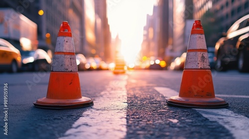 New York Street Under Construction at Sunset – Traffic Cones with Blurred Background and Bokeh Effect