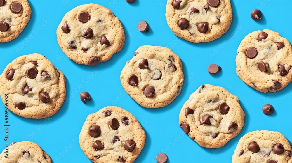 A delightful display of chocolate chip cookies arranged on a vibrant blue background for a mouthwatering flat lay experience A delightful display of chocolate chip cookies arranged on a vibrant blue background for a mouthwatering flat lay experience