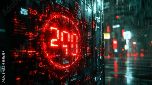 A glitch art interpretation of a digital clock, with the numbers partially corrupted and flickering, creating a sense of temporal distortion and digital decay