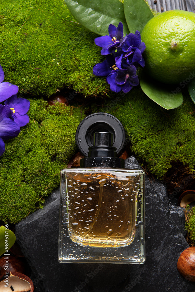 author selective perfume bottles around green moss, flowers and leaves . flat lay. perfumery concept