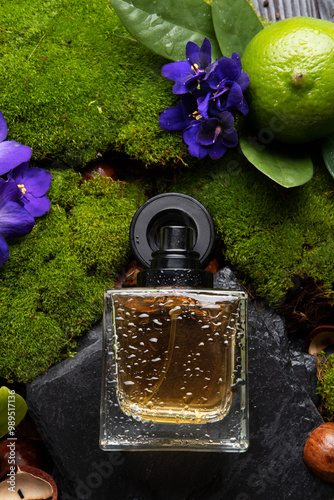 Obraz na płótnie author selective perfume bottles around green moss, flowers and leaves . flat lay. perfumery concept w salonie