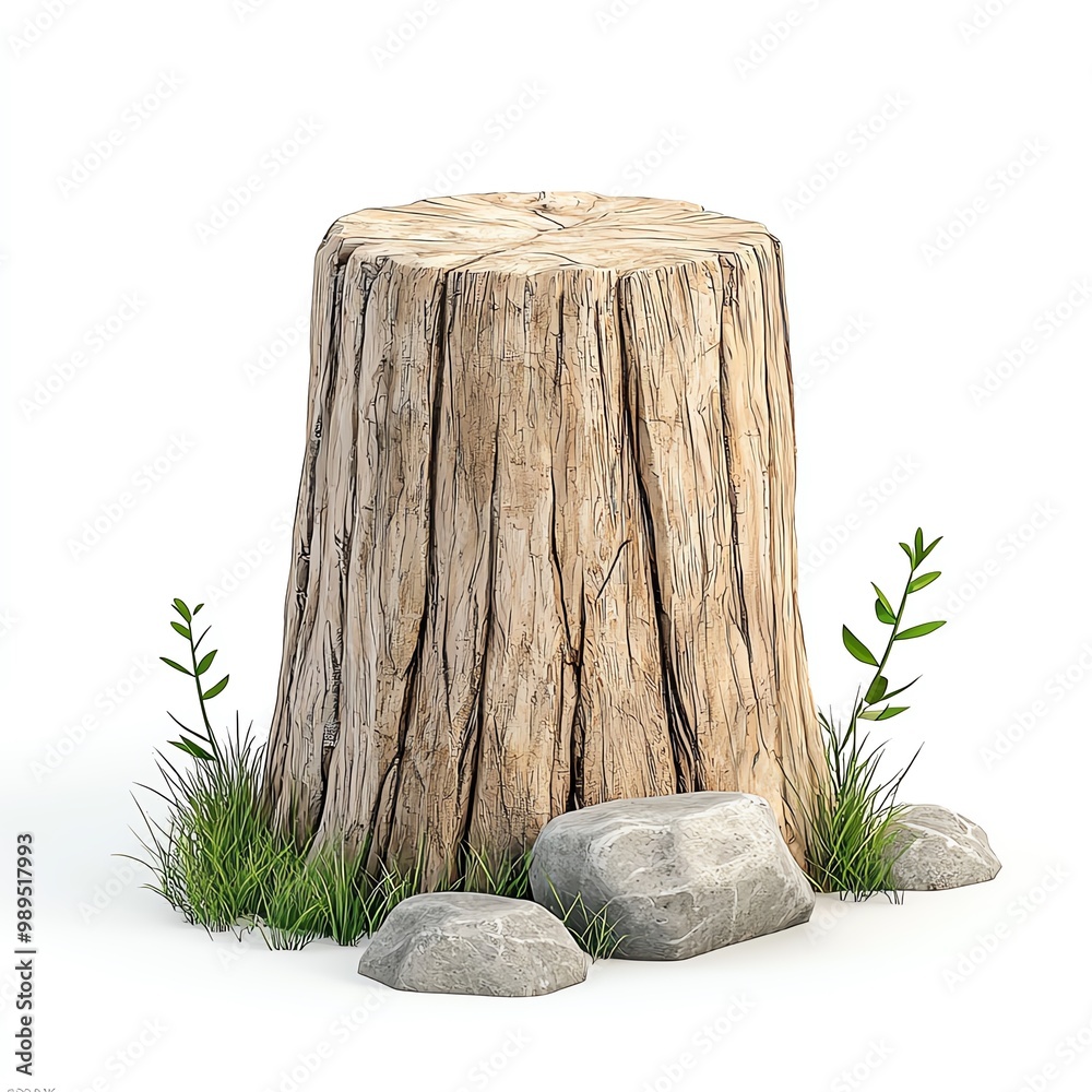 Rustic tree stump with rocks and grass isolated on clear background. Rustic tree stump with rocks and grass isolated on clear background.