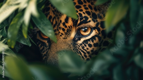 Close-up of a leoparda??s amber eye, partially hidden by vibrant jungle foliage. photo