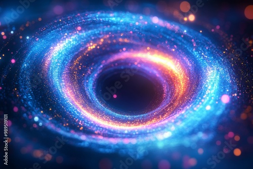 On a blue gradient background, there is a circular spiral vortex background