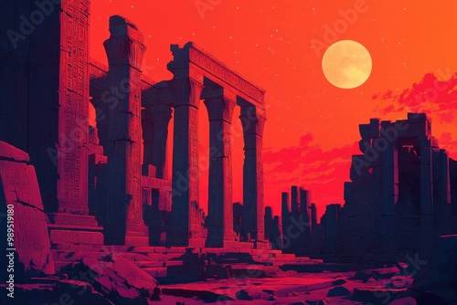 Ancient Egyptian Temple Ruins Under a Red Moonlit Sky photo