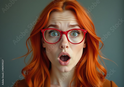 Surprised Redheaded Woman with Red Glasses