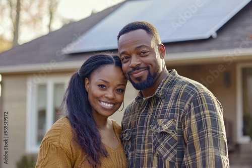 Portrait of a happy african american couple standing in front of their house with solar panels on the roof, looking at the camera and smiling