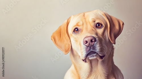 A playful Lab Pei dog with a shiny coat, looking curiously at the camera against a soft pastel backdrop