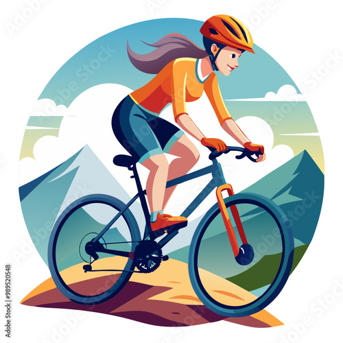 woman on bike vector flat minimalistic isolated illustration, Vector flat minimalistic isolated