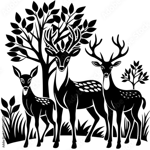 Black silhouette of deer family with baby, Deer Silhouette Vector Illustration