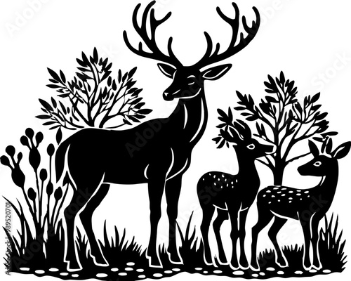 Black silhouette of deer family with baby, Deer Silhouette Vector Illustration