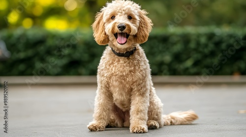 A happy Labradoodle sitting on a , showcasing its fluffy coat and playful demeanor