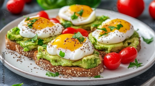 Whole grain toast with avocado and eggs. Healthy breakfast, proteins, fats and carbohydrates. Balanced nutrition.