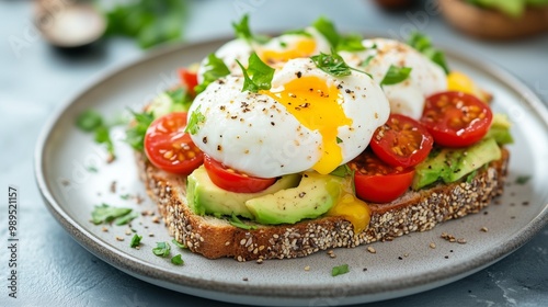 Whole grain toast with avocado and eggs. Healthy breakfast, proteins, fats and carbohydrates. Balanced nutrition.