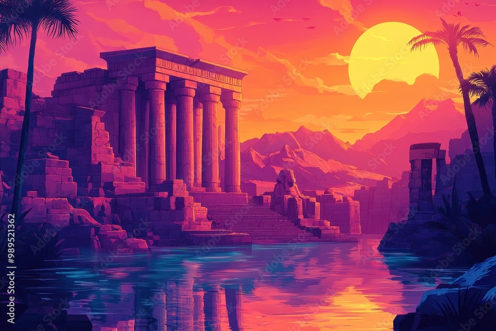 Fototapeta premium Ancient Temple Ruins by a Serene Lake at Sunset