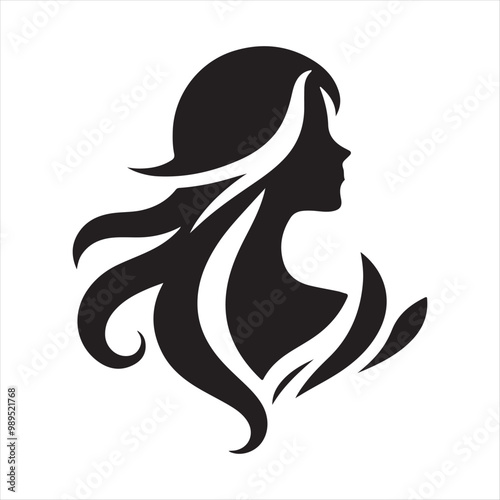 women's v ector  long hair style icon, logo women's face on white background