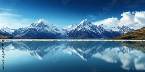 The snow-capped mountains , the magnificent natural scenery reflected in ice and water, blue sky, sunny day. 