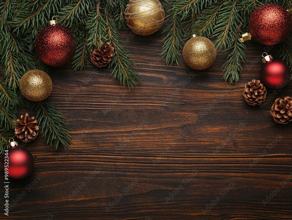 Top view Wooden background with branches of christmas tree with Christmas balls.