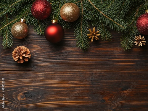 Top view Wooden background with branches of christmas tree with Christmas balls.