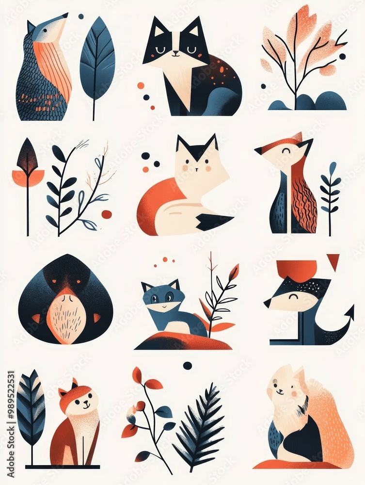 Cats, and canines, each design features bold lines and geometric shapes set against a white background. Cats, and canines, each design features bold lines and geometric shapes set against a white background.