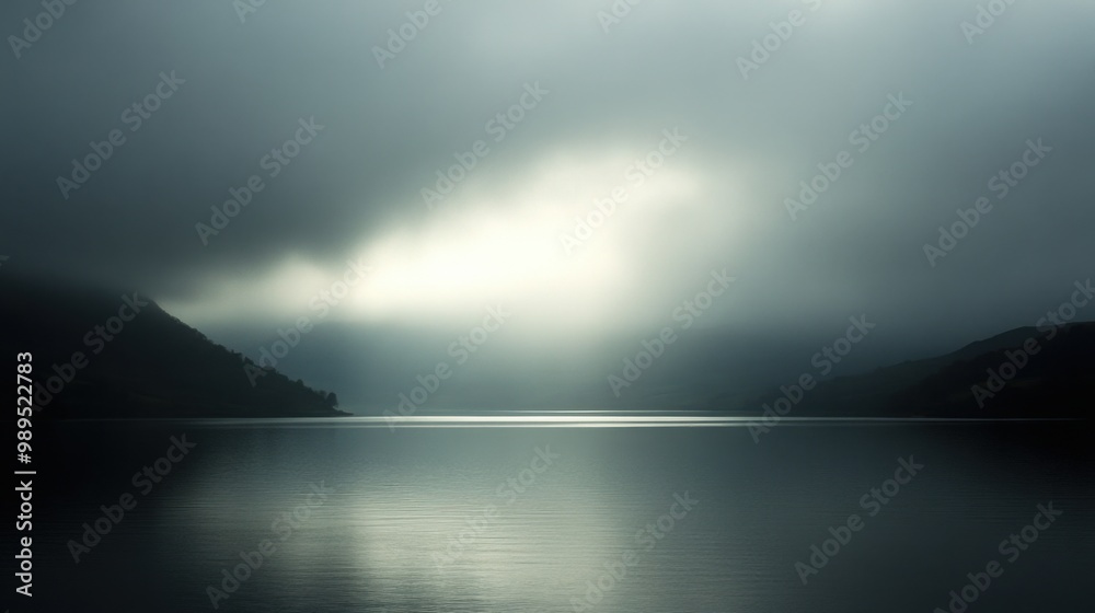 Fototapeta premium grey autumn landscape with sun light over the water