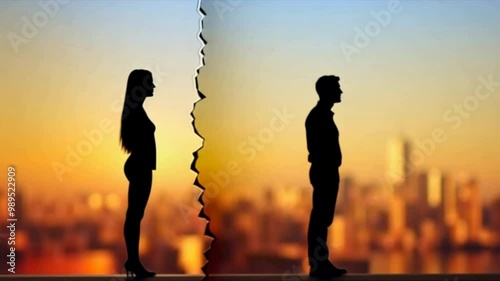 Angry man and woman turning away from each other crossing their arms. Ripped picture. Standing back to back after argument. Romantic relationships problem. Divorce breakup