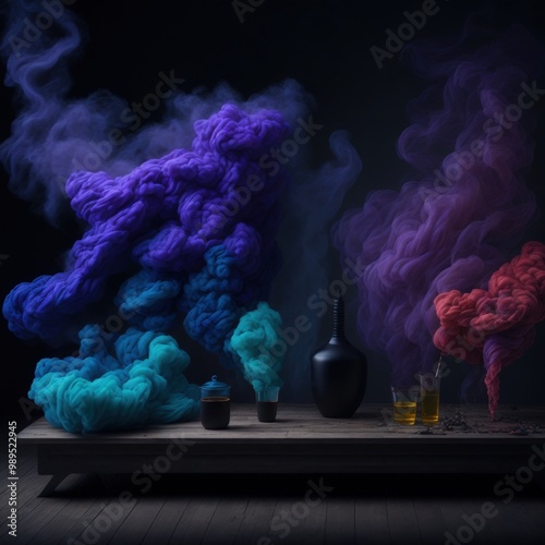 Applied picture of multi-hued smoke disengaged on dim dark foundation and wooden table. photo