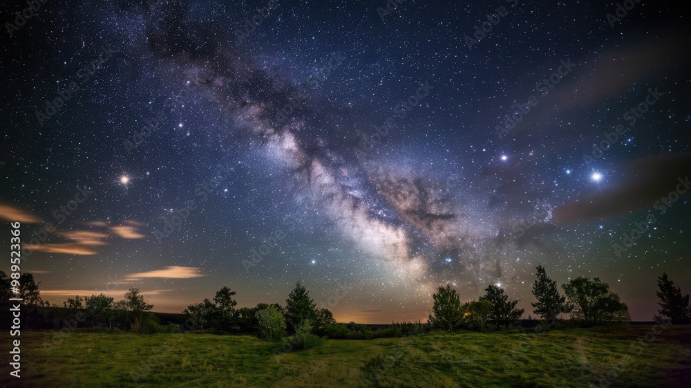 A night sky with a clear view of the galaxy. There are billions of stars visible, with a few bright ones shining brightly. The Milky Way, a galaxy with spiral arms, is visible as a milky band across t A night sky with a clear view of the galaxy. There are billions of stars visible, with a few bright ones shining brightly. The Milky Way, a galaxy with spiral arms, is visible as a milky band across t